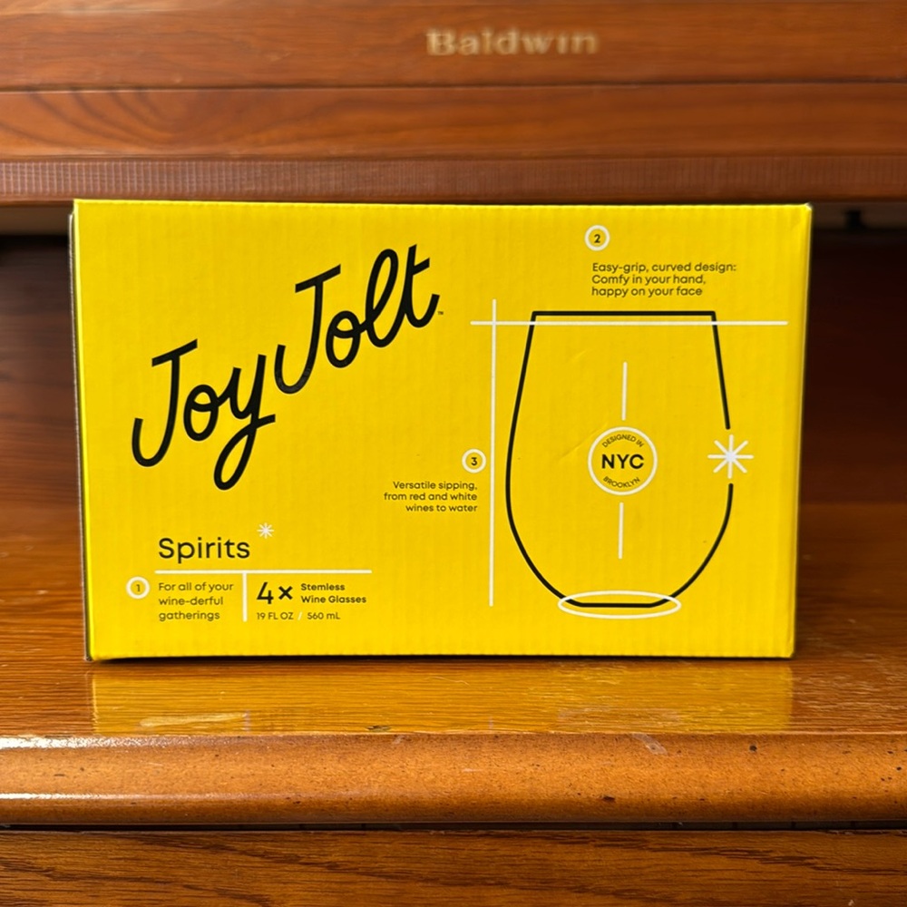 New In Box Joy Jolt Spirits Stemless Wine Glasses, Set of 4